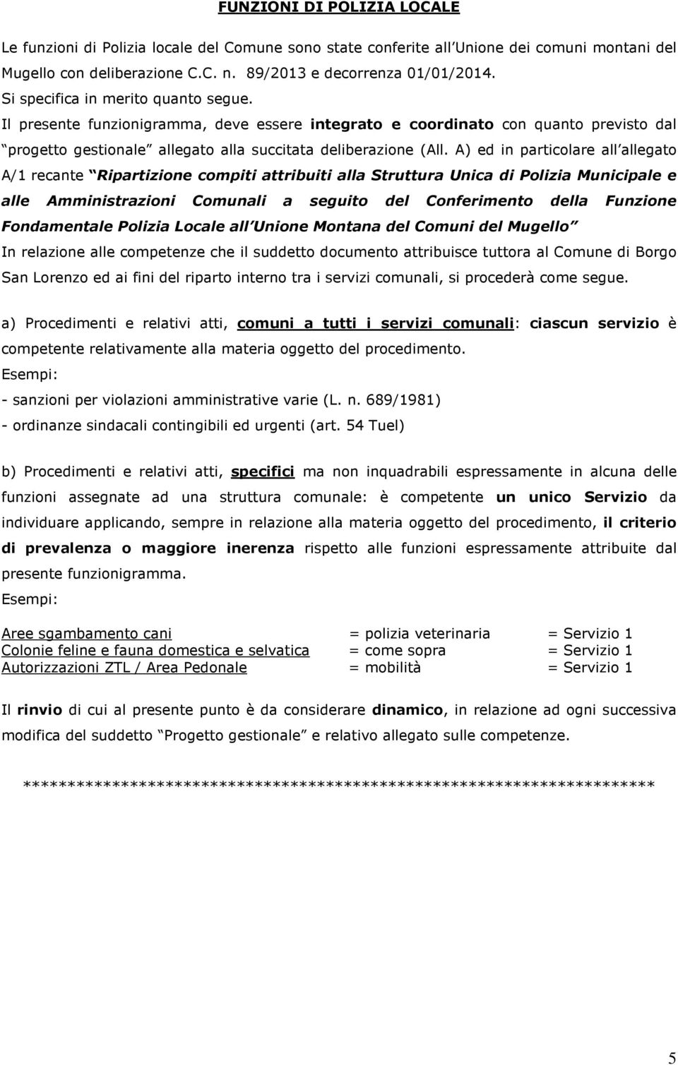 A) ed in particolare all allegato A/1 recante Ripartizione compiti attribuiti alla Struttura Unica di Polizia Municipale e alle Amministrazioni Comunali a seguito del Conferimento della Funzione