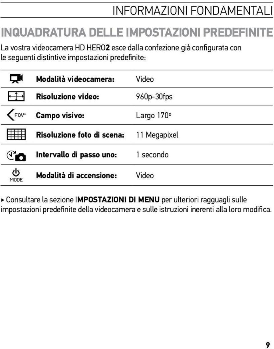 Largo 170º Risoluzione foto di scena: Intervallo di passo uno: Modalità di accensione: 11 Megapixel 1 secondo Video Consultare la