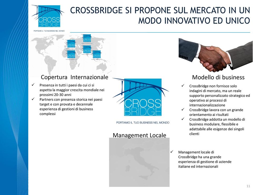 indagini di mercato, ma un reale supporto personalizzato strategico ed operativo ai processi di internazionalizzazione CrossBridge lavora con un grande orientamento ai risultati CrossBridge