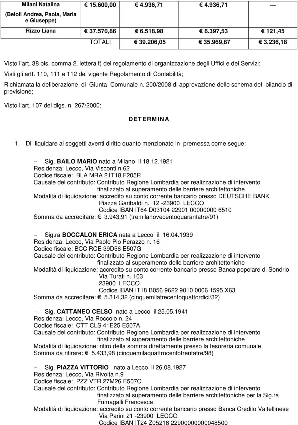 110, 111 e 112 del vigente Regolamento di Contabilità; Richiamata la deliberazione di Giunta Comunale n. 200/2008 di approvazione dello schema del bilancio di previsione; Visto l art. 107 del dlgs. n. 267/2000; DETERMINA 1.