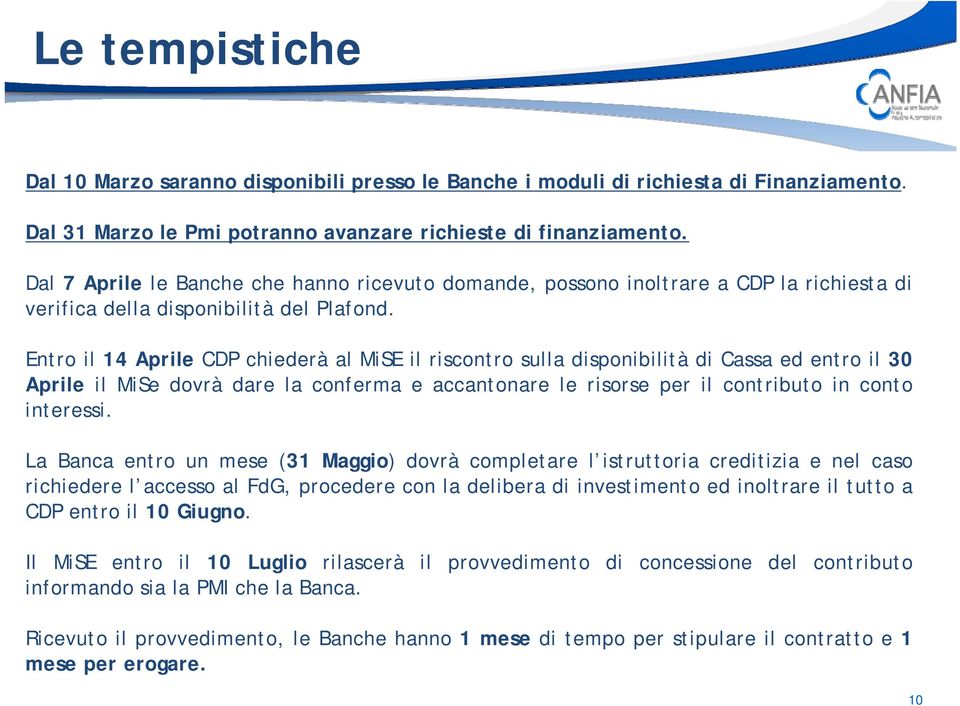 Entro il 14 Aprile CDP chiederà al MiSE il riscontro sulla disponibilità di Cassa ed entro il 30 Aprile il MiSe dovrà dare la conferma e accantonare le risorse per il contributo in conto interessi.