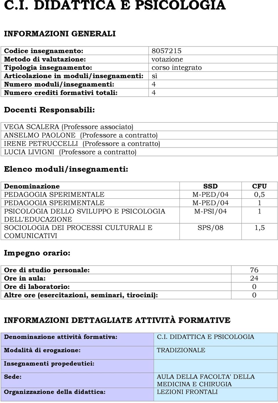 LUCIA LIVIGNI (Professore a contratto) Elenco moduli/insegnamenti: Denominazione SSD CFU PEDAGOGIA SPERIMENTALE M-PED/04 0,5 PEDAGOGIA SPERIMENTALE M-PED/04 1 PSICOLOGIA DELLO SVILUPPO E PSICOLOGIA