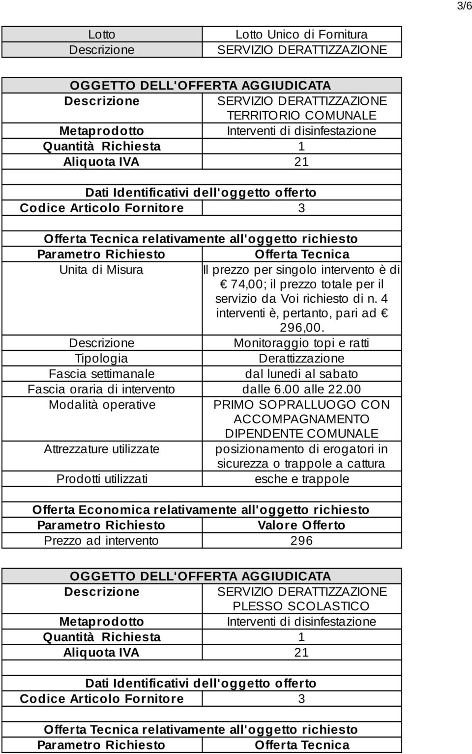 prezzo per singolo intervento è di 74,00; il prezzo totale per il servizio da Voi richiesto di n. 4 interventi è, pertanto, pari ad 296,00.