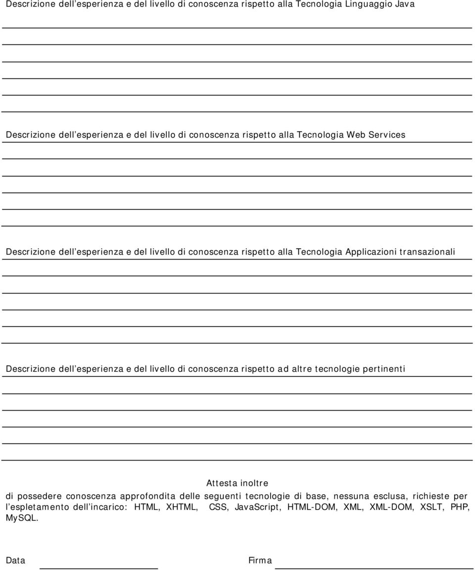 Descrizione dell esperienza e del livello di conoscenza rispetto ad altre tecnologie pertinenti Attesta inoltre di possedere conoscenza approfondita delle