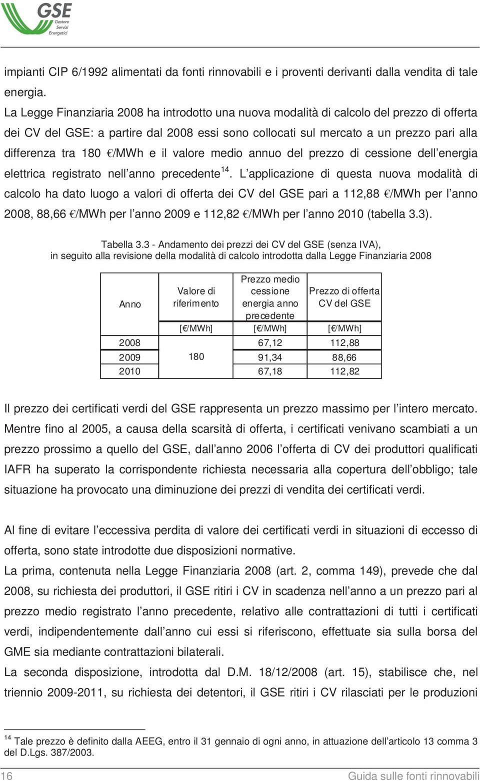 /MWh e il valore medio annuo del prezzo di cessione dell energia elettrica registrato nell anno precedente 14.