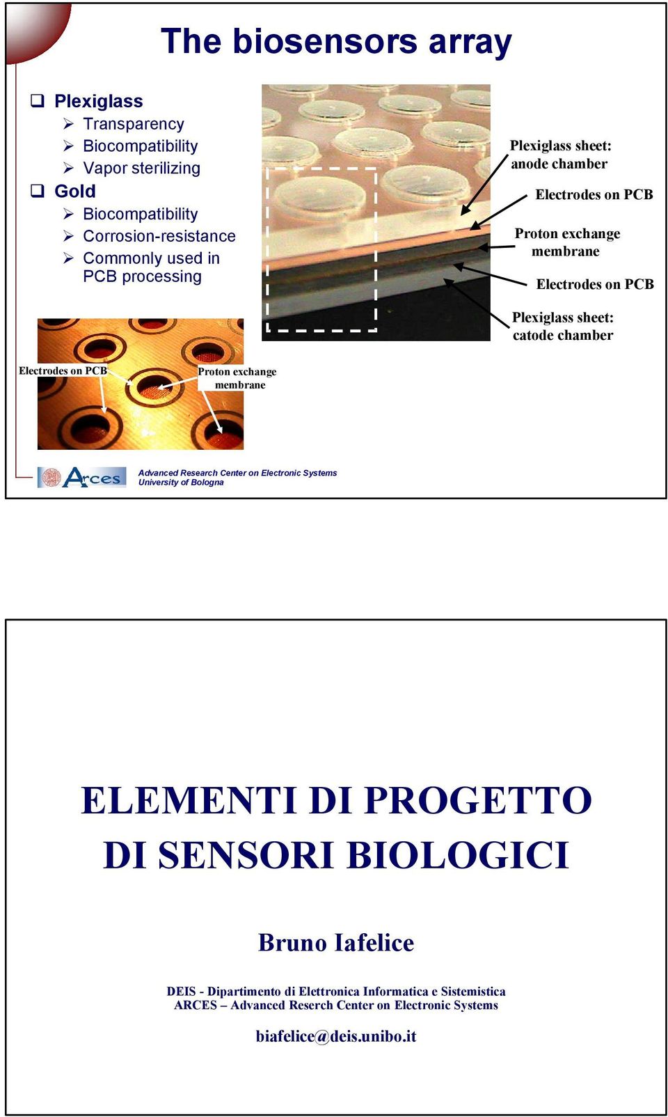Plexiglass sheet: catode chamber Electrodes on PCB Proton exchange membrane ELEMENTI DI PROGETTO DI SENSORI BIOLOGICI Bruno