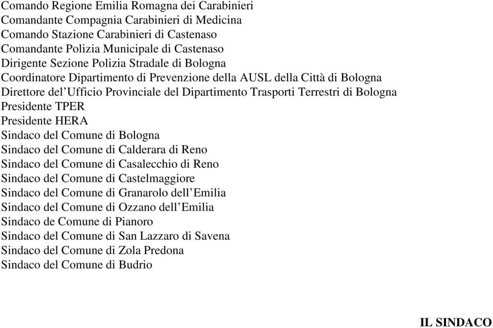 TPER Presidente HERA Sindaco del Comune di Bologna Sindaco del Comune di Calderara di Reno Sindaco del Comune di Casalecchio di Reno Sindaco del Comune di Castelmaggiore Sindaco del Comune di