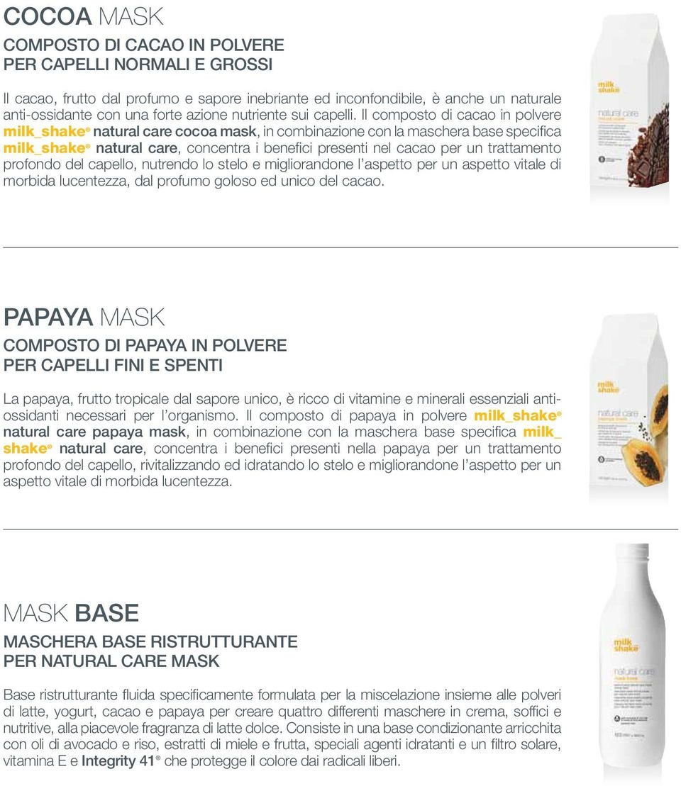 Il composto di cacao in polvere milk_shake natural care cocoa mask, in combinazione con la maschera base specifica milk_shake natural care, concentra i benefici presenti nel cacao per un trattamento