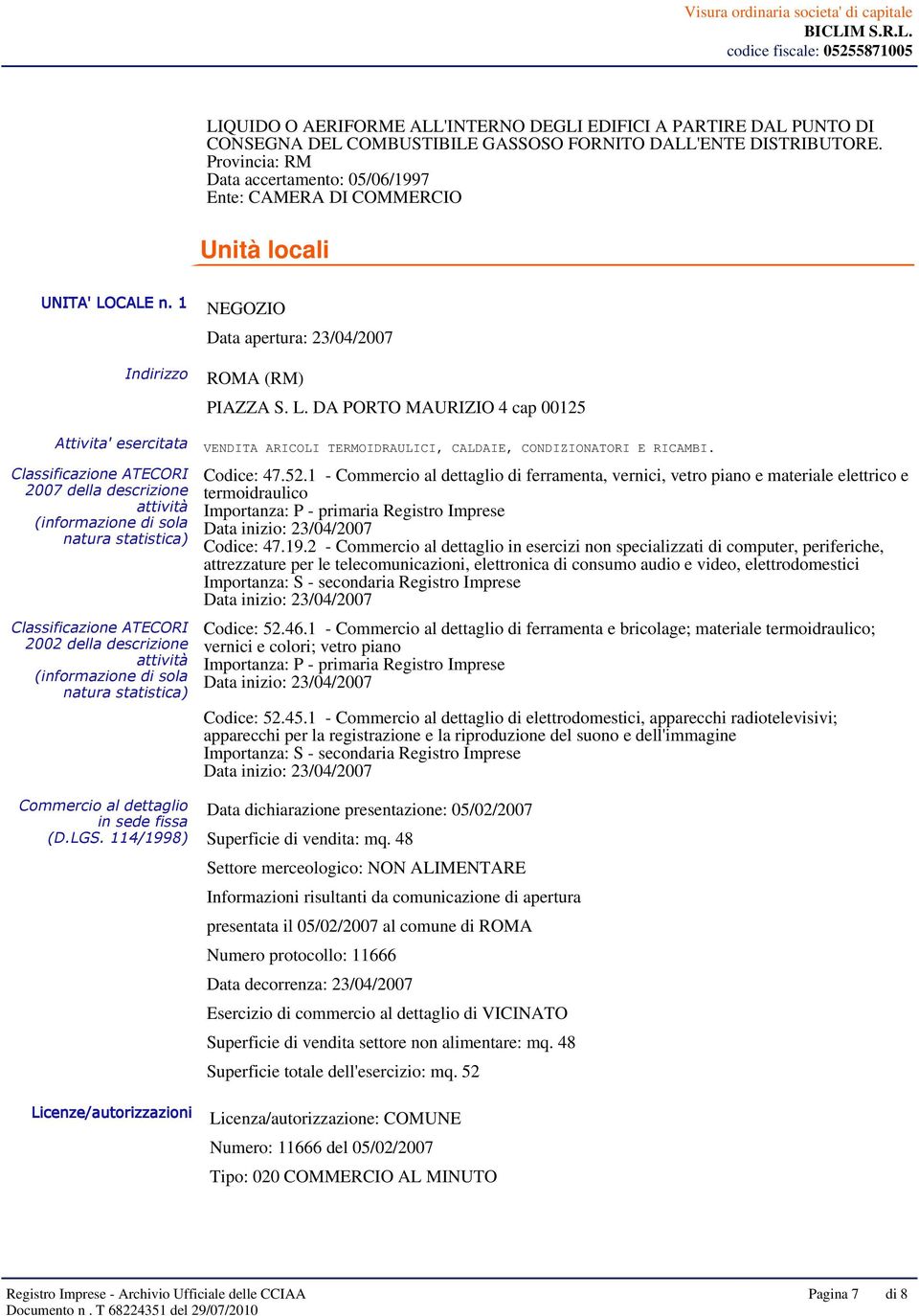 DA PORTO MAURIZIO 4 cap 00125 Attivita' esercitata Classificazione ATECORI 2007 della descrizione attività (informazione di sola natura statistica) Classificazione ATECORI 2002 della descrizione