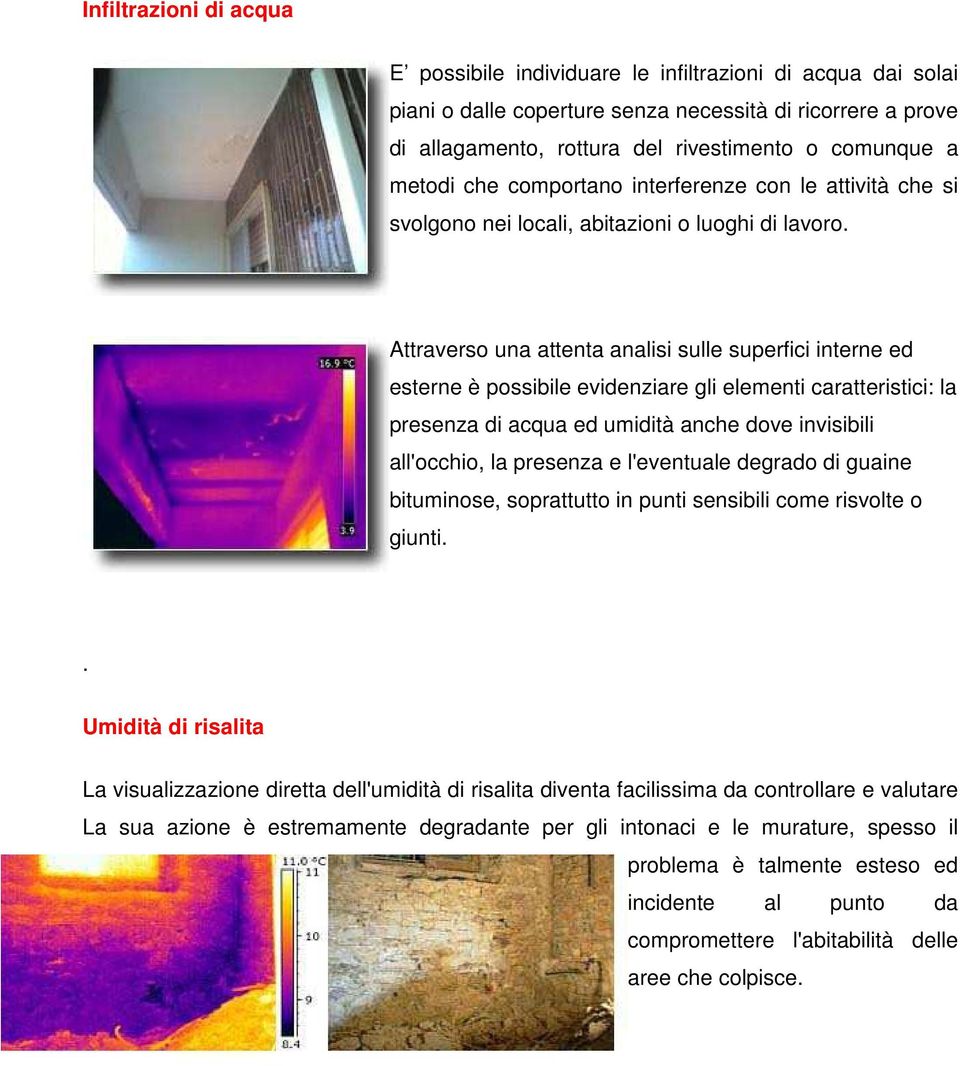 Attraverso una attenta analisi sulle superfici interne ed esterne è possibile evidenziare gli elementi caratteristici: la presenza di acqua ed umidità anche dove invisibili all'occhio, la presenza e