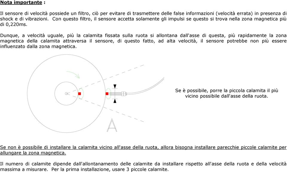 Dunque, a velocità uguale, più la calamita fissata sulla ruota si allontana dall'asse di questa, più rapidamente la zona magnetica della calamita attraversa il sensore, di questo fatto, ad alta