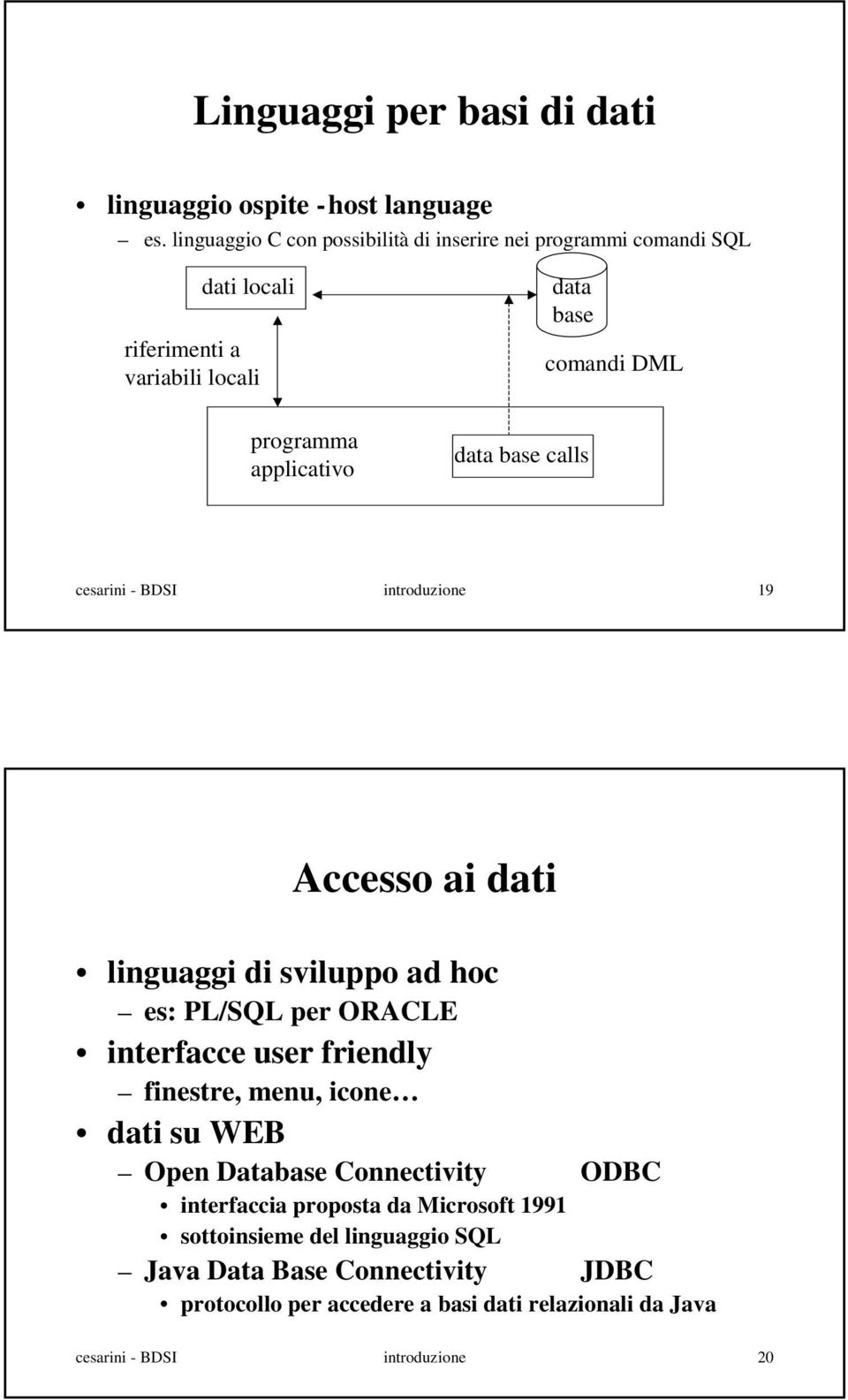 calls comandi DML cesarini - BDSI introduzione 19 Accesso ai dati linguaggi di sviluppo ad hoc es: PL/SQL per ORACLE interfacce user friendly finestre,