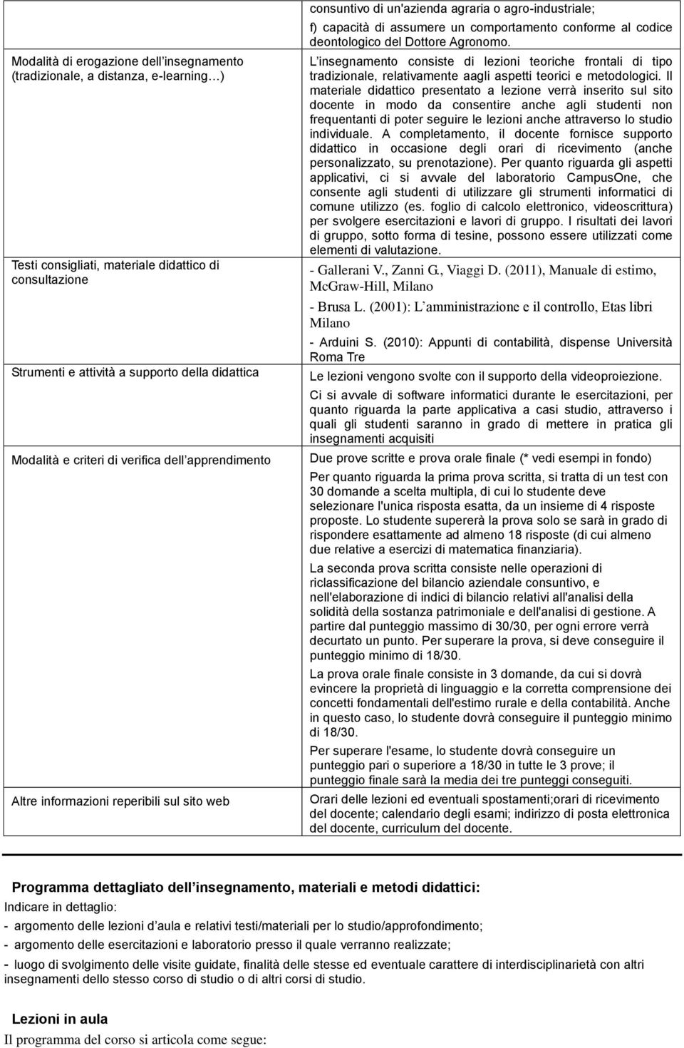 deontologico del Dottore Agronomo. L insegnamento consiste di lezioni teoriche frontali di tipo tradizionale, relativamente aagli aspetti teorici e metodologici.