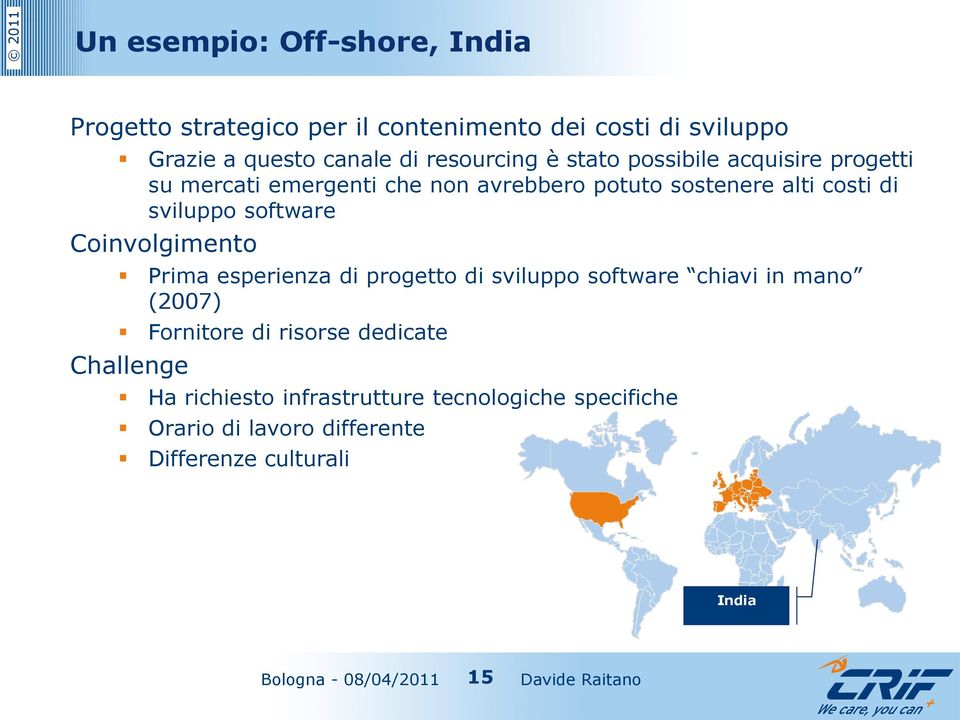 sviluppo software Coinvolgimento Prima esperienza di progetto di sviluppo software chiavi in mano (2007) Fornitore di