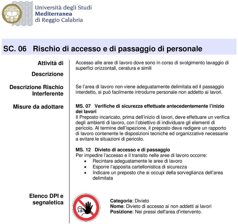 07 Verifiche di sicurezza effettuate antecedentemente l inizio dei lavori Il Preposto incaricato, prima dell inizio di lavori, deve effettuare un verifica degli ambienti di lavoro, con l obiettivo di