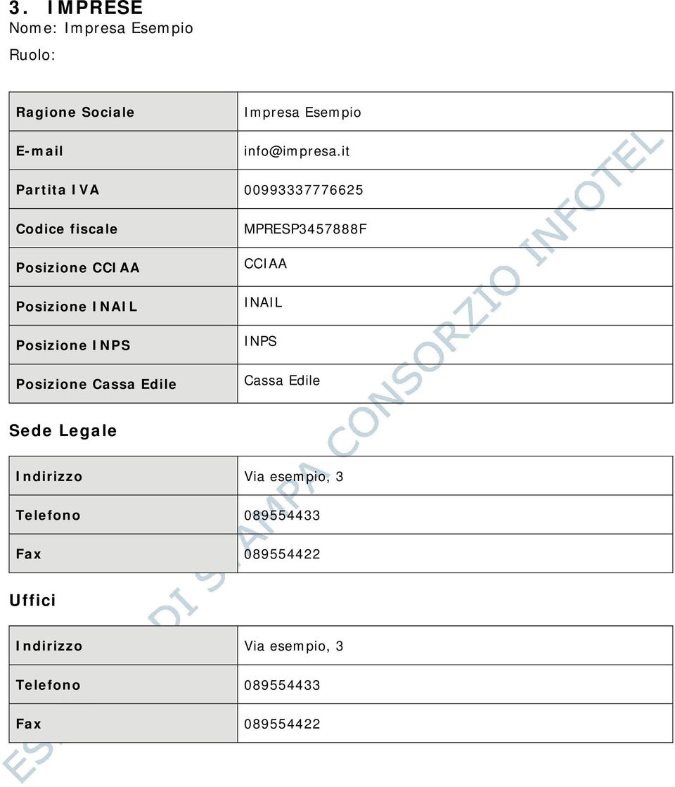 Posizione Cassa Edile MPRESP3457888F CCIAA INAIL INPS Cassa Edile Sede Legale Indirizzo Via