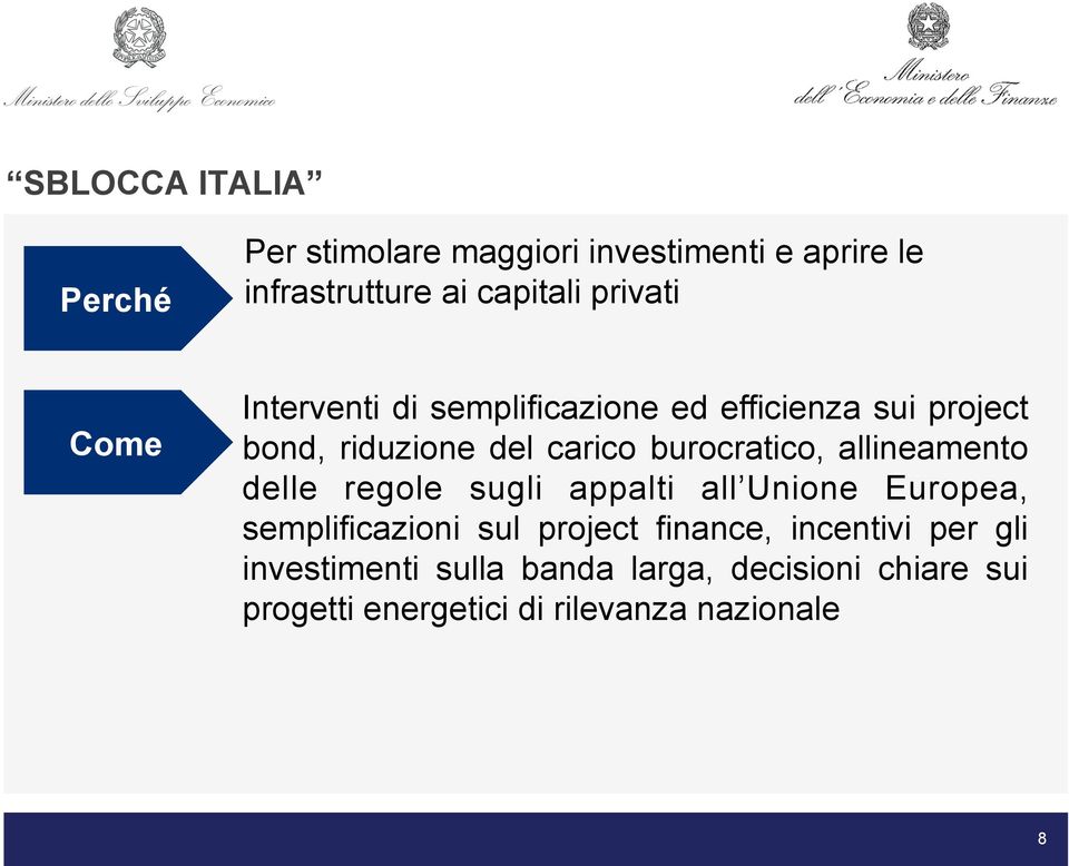 allineamento delle regole sugli appalti all Unione Europea, semplificazioni sul project finance,