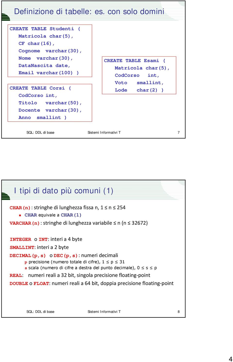 varchar(50), Docente varchar(30), Anno smallint ) CREATE TABLE Esami ( Matricola char(5), CodCorso int, Voto smallint, Lode char(2) ) SQL: DDL di base Sistemi Informativi T 7 I tipi di dato più