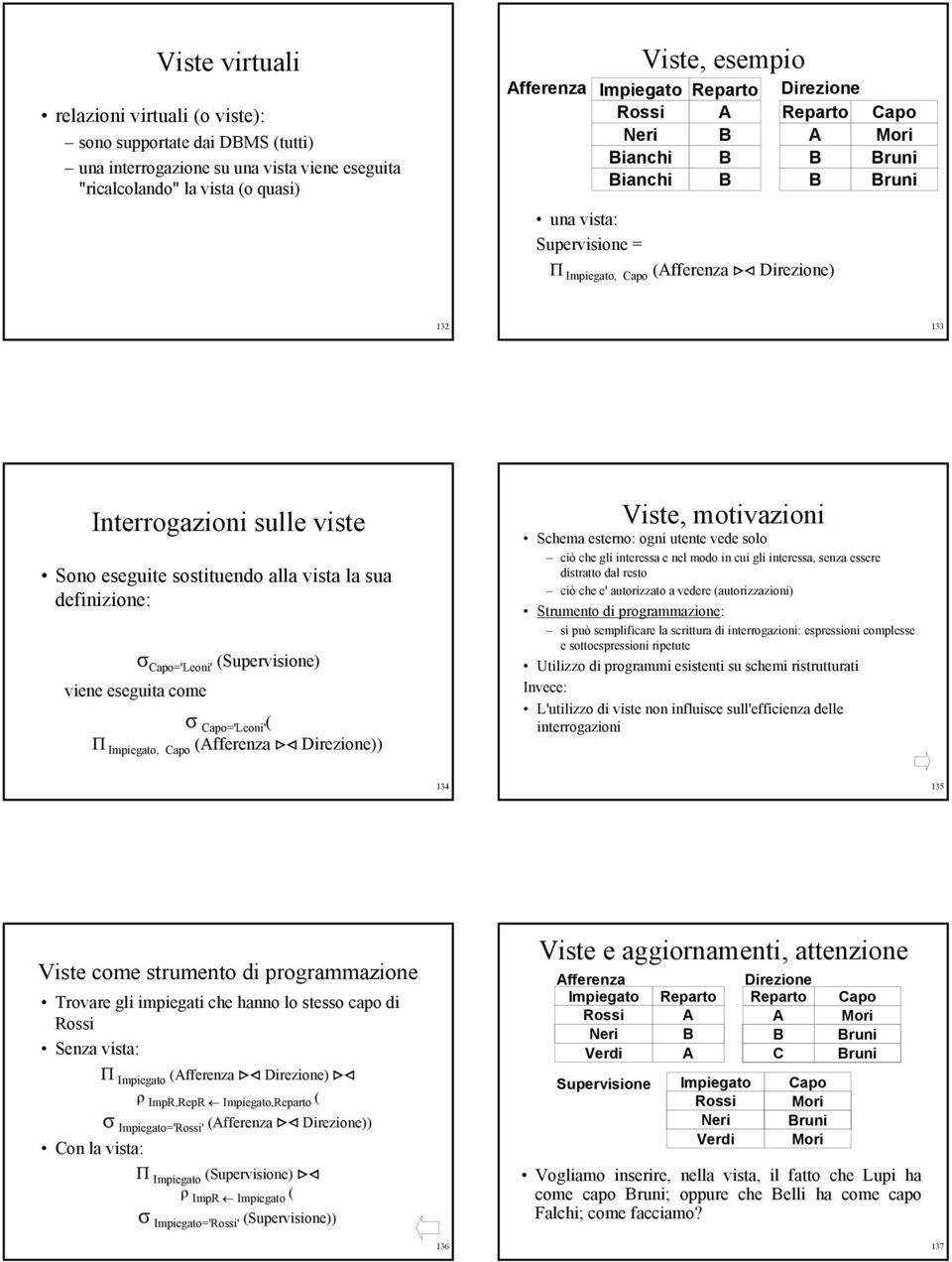 sostituendo alla vista la sua definizione: σ Capo='Leoni' (Supervisione) viene eseguita come σ Capo='Leoni' ( Π Impiegato, Capo (Afferenza >< Direzione)) Viste, motivazioni : ogni vede solo ciò che