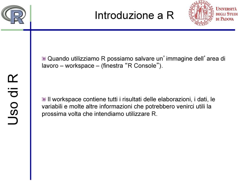 Il workspace contiene tutti i risultati delle elaborazioni, i dati, le