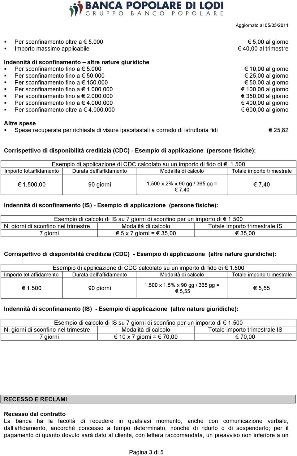 000.000 400,00 al giorno Per sconfinamento oltre a 4.000.000 600,00 al giorno Altre spese Spese recuperate per richiesta di visure ipocatastali a corredo di istruttoria fidi 25,82 Corrispettivo di