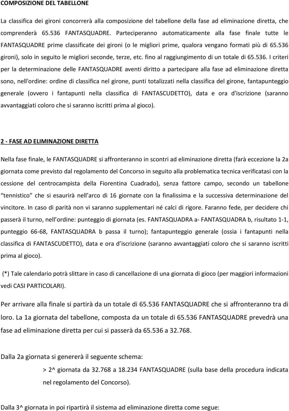 536 gironi), solo in seguito le migliori seconde, terze, etc. fino al raggiungimento di un totale di 65.536. I criteri per la determinazione delle FANTASQUADRE aventi diritto a partecipare alla fase