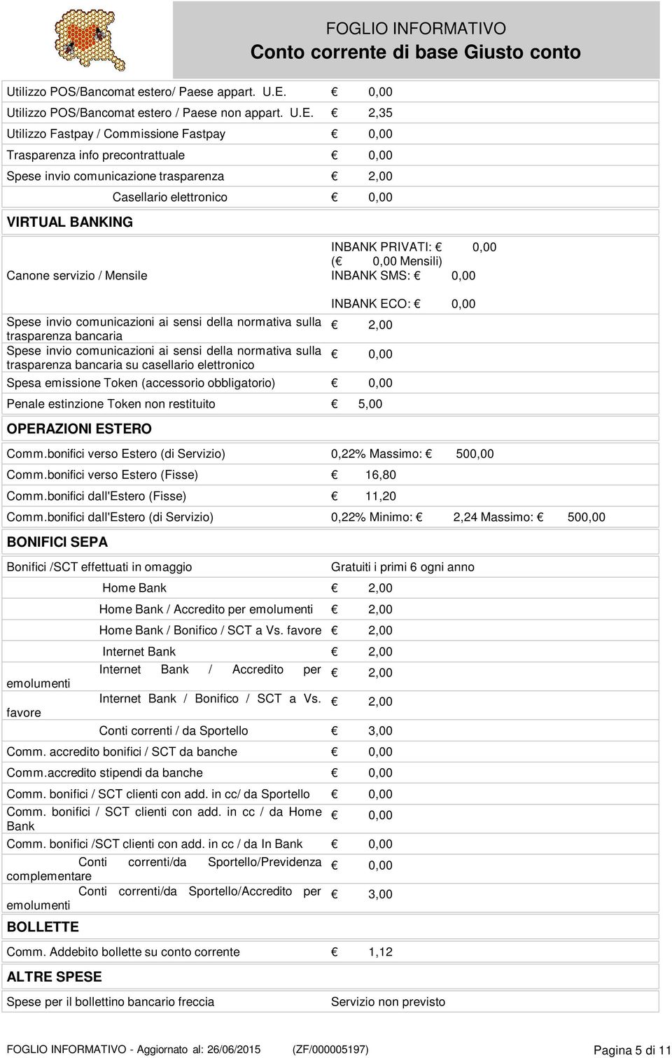 2,35 Utilizzo Fastpay / Commissione Fastpay 0,00 Trasparenza info precontrattuale 0,00 Spese invio comunicazione trasparenza 2,00 VIRTUAL BANKING Canone servizio / Mensile Casellario elettronico 0,00