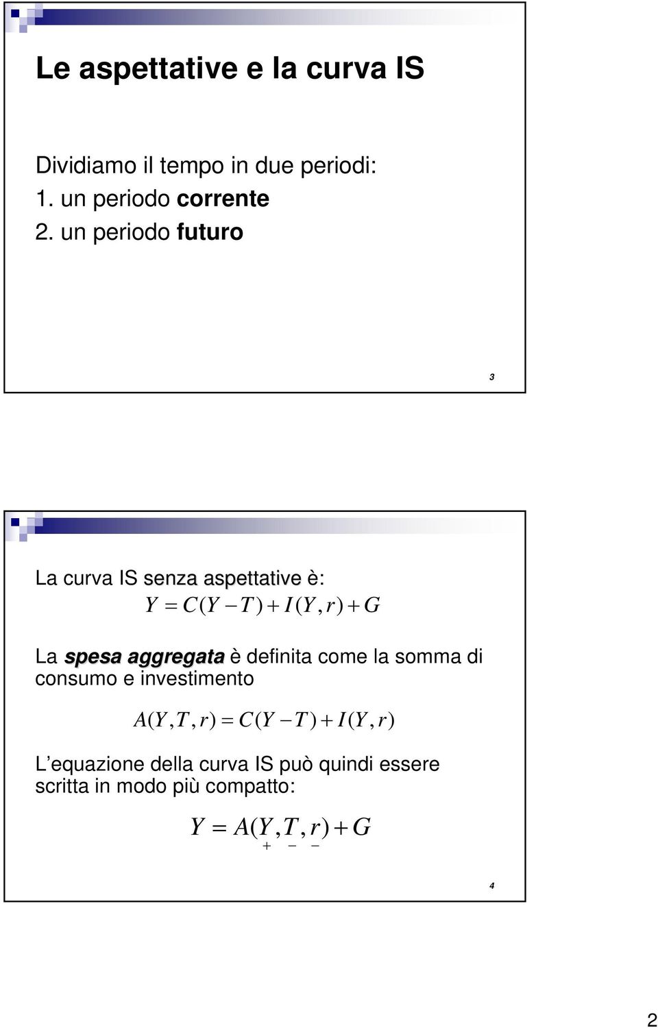 aggrgata è dfinita com la somma di consumo invstimnto A ( Y, T, r) = C( Y T ) + I ( Y,