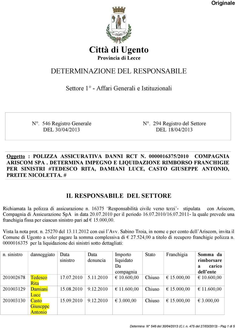 DETERMINA IMPEGNO E LIQUIDAZIONE RIMBORSO FRANCHIGIE PER SINISTRI #TEDESCO RITA, DAMIANI LUCE, CASTO GIUSEPPE ANTONIO, PREITE NICOLETTA.