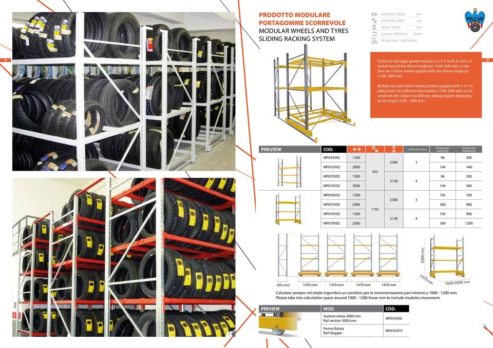 49 Modular tyre and wheels racking systems equipped with 3-4-5 loading levels; two different base modules (1540-2040 ) can be combined with related two different adding modules depending on the