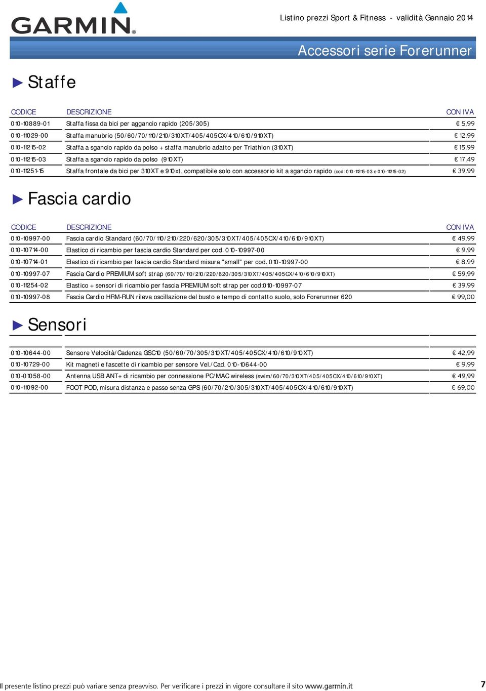 con accessorio kit a sgancio rapido (cod: 010-11215-03 e 010-11215-02) Fascia cardio 010-10997-00 Fascia cardio Standard (60/70/110/210/220/620/305/310XT/405/405CX/410/610/910XT) 010-10714-00