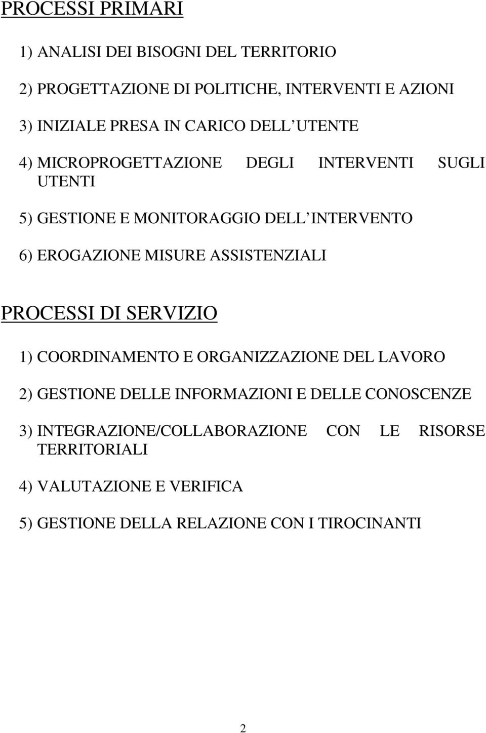 MISURE ASSISTENZIALI PROCESSI DI SERVIZIO 1) COORDINAMENTO E ORGANIZZAZIONE DEL LAVORO 2) GESTIONE DELLE INFORMAZIONI E DELLE