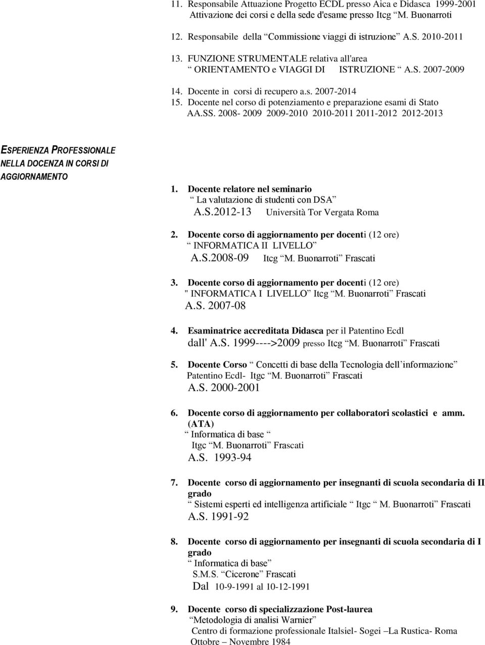 Docente nel corso di potenziamento e preparazione esami di Stato AA.SS. 2008-2009 2009-2010 2010-2011 2011-2012 2012-2013 ESPERIENZA PROFESSIONALE NELLA DOCENZA IN CORSI DI AGGIORNAMENTO 1.