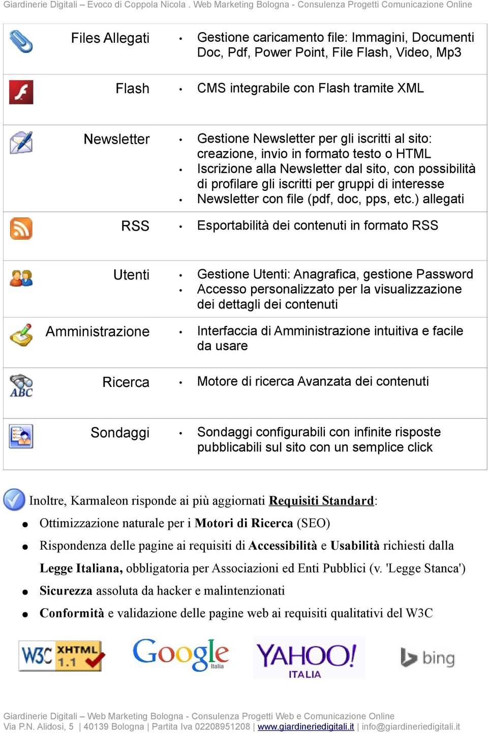 ) allegati RSS Esportabilità dei contenuti in formato RSS Utenti Gestione Utenti: Anagrafica, gestione Password Accesso personalizzato per la visualizzazione dei dettagli dei contenuti