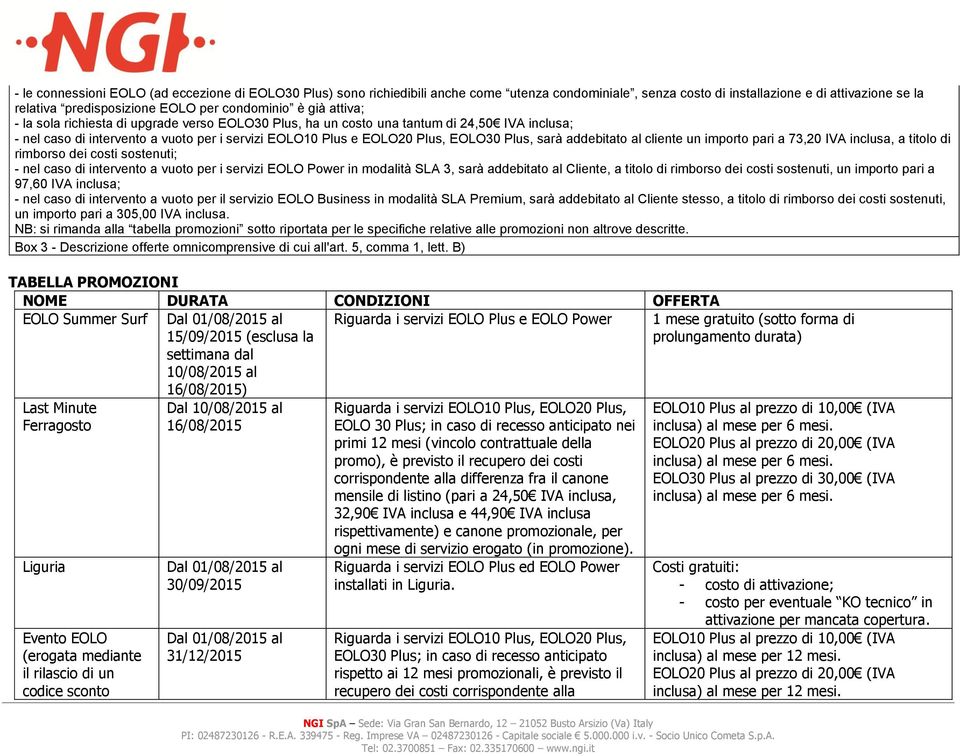 addebitato al cliente un importo pari a 73,20 IVA inclusa, a titolo di rimborso dei costi sostenuti; - nel caso di intervento a vuoto per i servizi EOLO Power in modalità SLA 3, sarà addebitato al