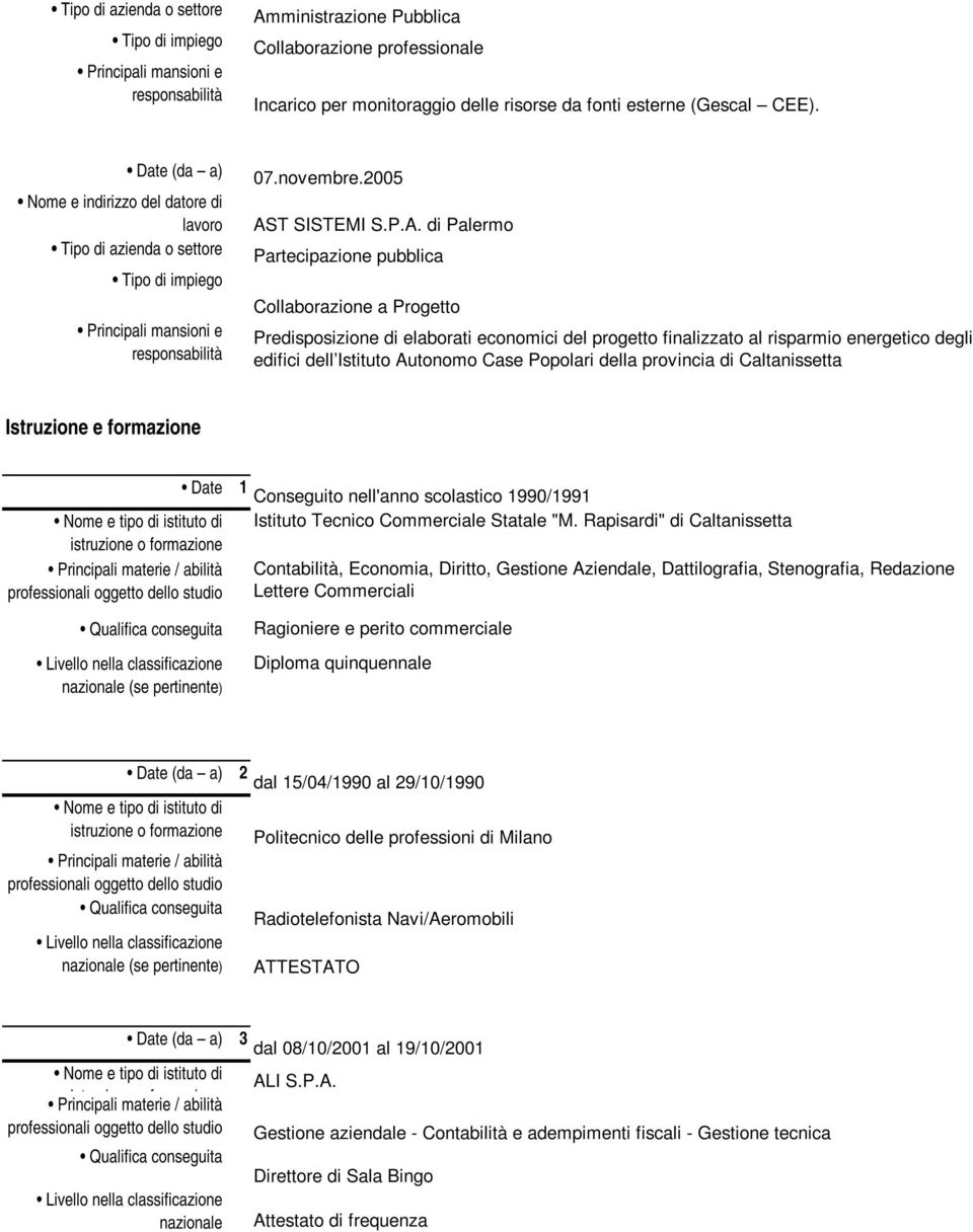 Date 1 Conseguito nell'anno scolastico 1990/1991 istruzione o formazione Principali materie / abilità Qualifica conseguita nazionale (se pertinente) Istituto Tecnico Commerciale Statale "M.