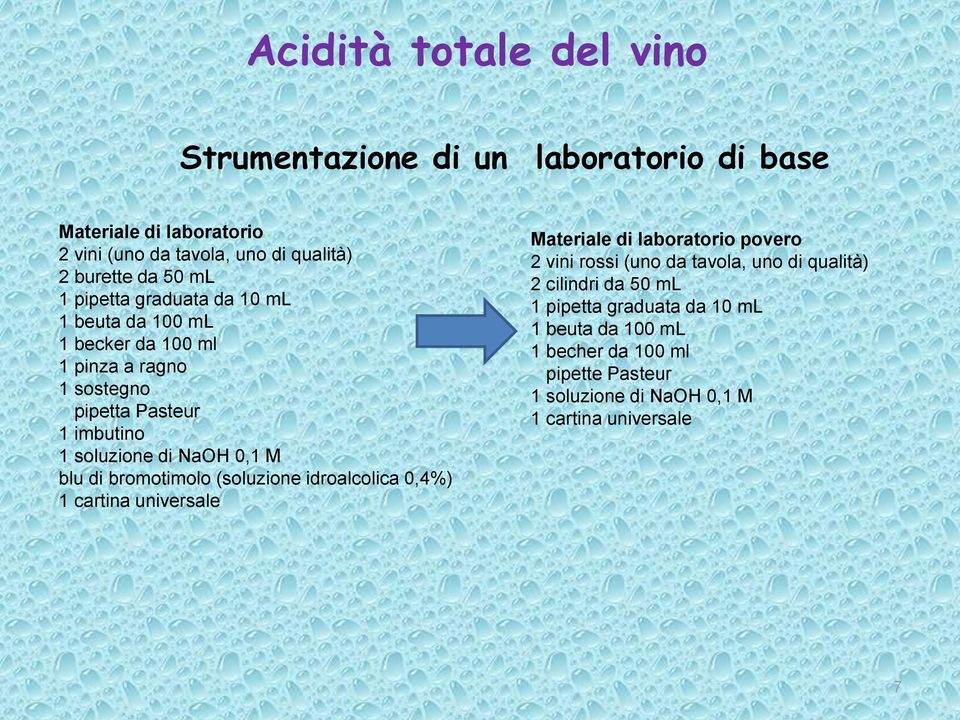 blu di bromotimolo (soluzione idroalcolica 0,4%) 1 cartina universale Materiale di laboratorio povero 2 vini rossi (uno da tavola, uno di qualità)