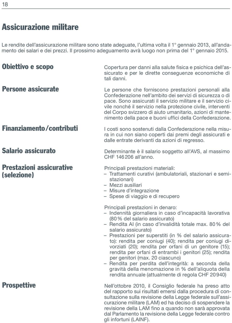 Obiettivo e scopo Persone assicurate Finanziamento / contributi Salario assicurato Prestazioni assicurative (selezione) Prospettive Copertura per danni alla salute fisica e psichica dell assicurato e