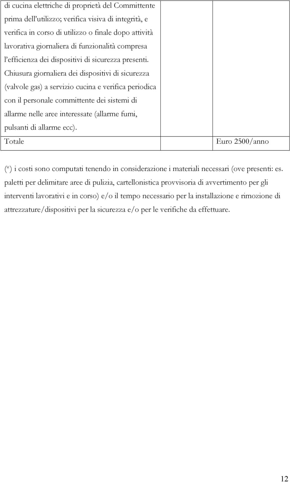 Chiusura giornaliera dei dispositivi di sicurezza (valvole gas) a servizio cucina e verifica periodica con il personale committente dei sistemi di allarme nelle aree interessate (allarme fumi,