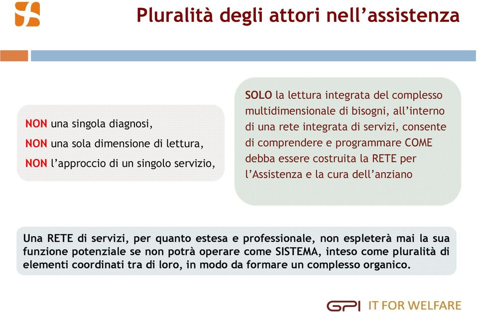 debba essere costruita la RETE per l Assistenza e la cura dell anziano Una RETE di servizi, per quanto estesa e professionale, non espleterà mai la sua