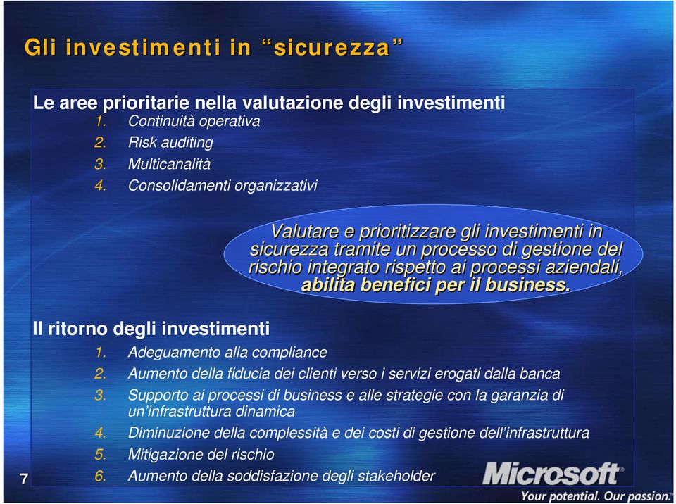 Adeguamento alla compliance Valutare e prioritizzare gli investimenti in sicurezza tramite un processo di gestione del rischio integrato rispetto ai processi aziendali, abilita