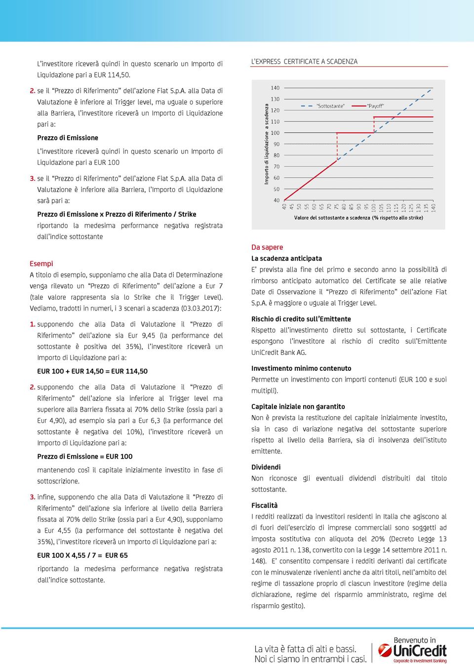 Prezzo di Emissione L investitore riceverà quindi in questo scenario un Importo di Liquidazione pari a EUR 100 3. se il dell azione Fiat S.p.A.