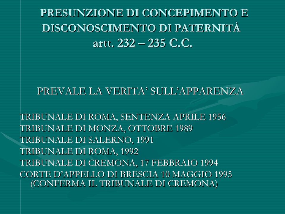 APPARENZA TRIBUNALE DI ROMA, SENTENZA APRILE 1956 TRIBUNALE DI MONZA, OTTOBRE 1989