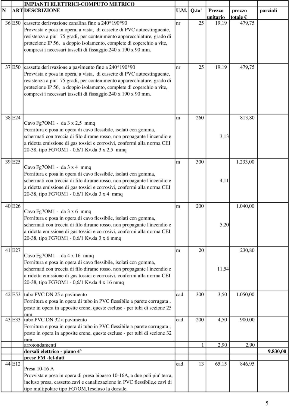 37 E50 cassette derirvazione a pavimento fino a 240*190*90 Provvista e posa in opera, a vista, di cassette di PVC autoestinguente, resistenza a piu' 75 gradi, per contenimento  nr 25 19,19 479,75 38