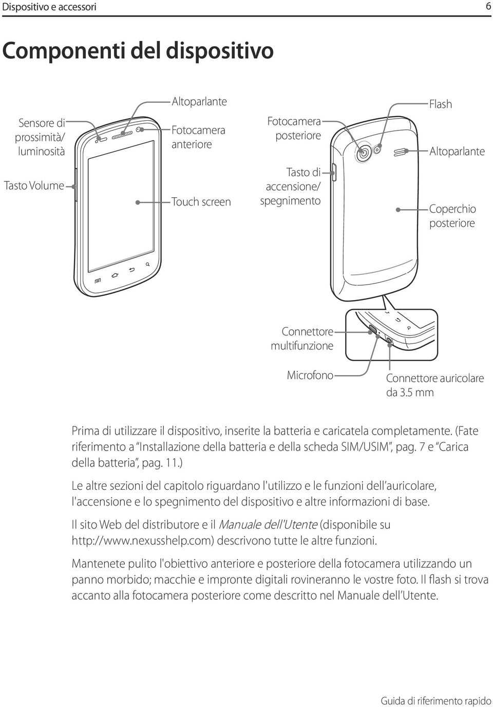 (Fate riferimento a Installazione della batteria e della scheda SIM/USIM, pag. 7 e Carica della batteria, pag. 11.