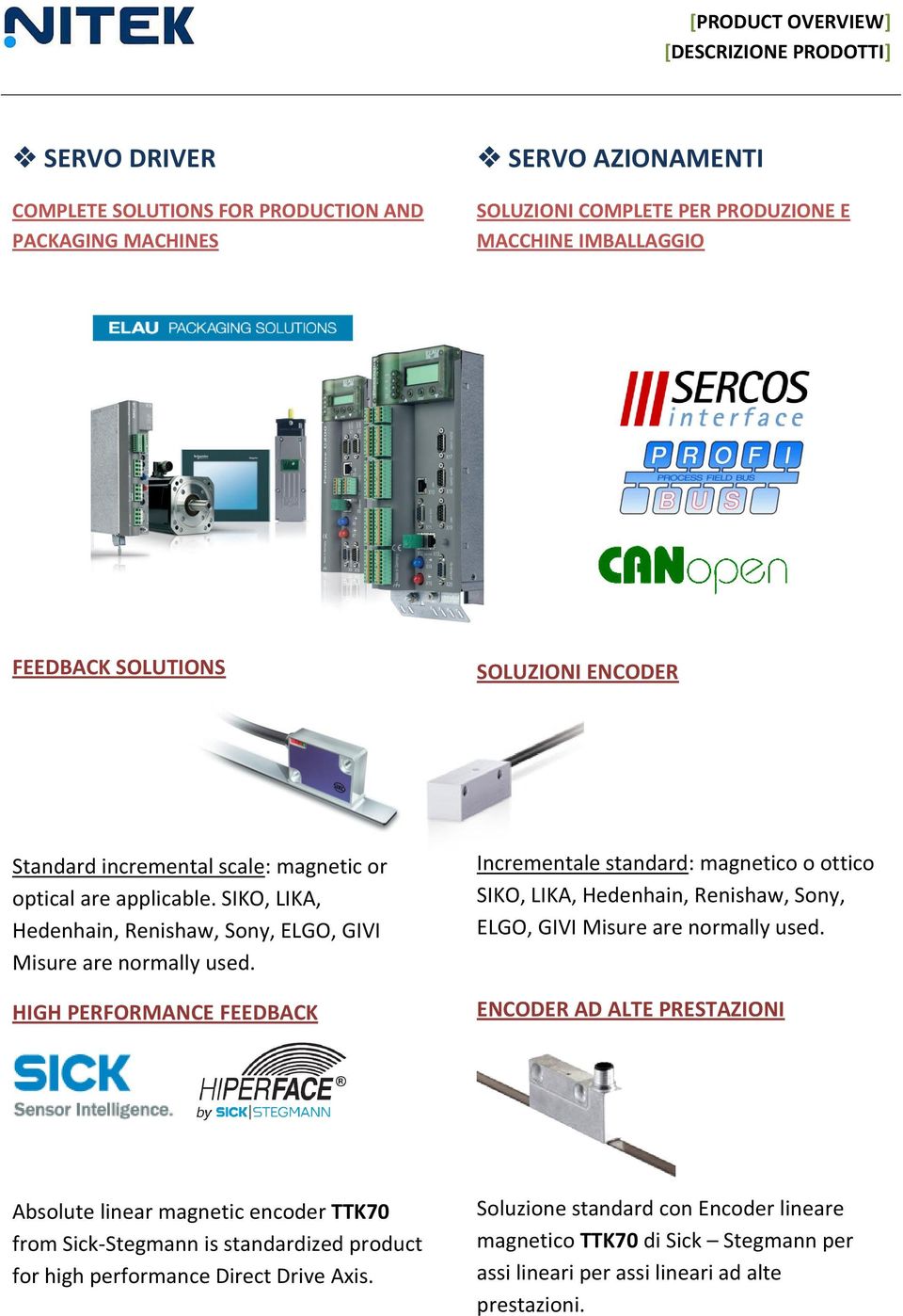 HIGH PERFORMANCE FEEDBACK Incrementale standard: magnetico o ottico SIKO, LIKA, Hedenhain, Renishaw, Sony, ELGO, GIVI Misure are normally used.