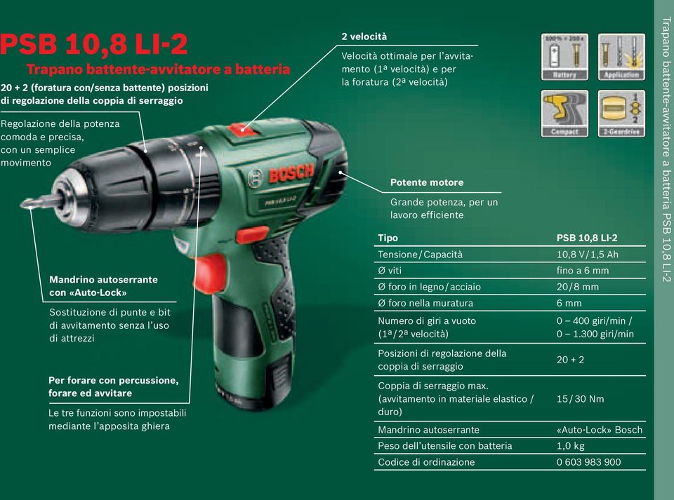 impostabili mediante l apposita ghiera 2 velocità Velocità ottimale per l avvitamento (1ª velocità) e per la foratura (2ª velocità) Tipo Tensione / Capacità Ø viti Potente motore Grande potenza, per
