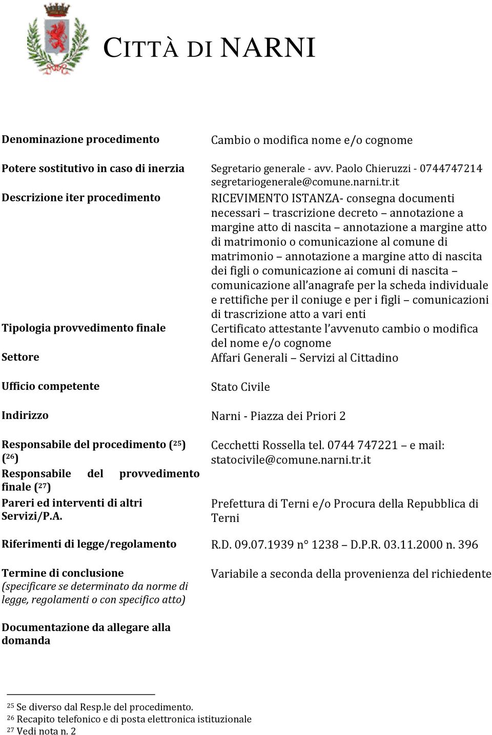 it RICEVIMENTO ISTANZA- consegna documenti necessari trascrizione decreto annotazione a margine atto di nascita annotazione a margine atto di matrimonio o comunicazione al comune di matrimonio