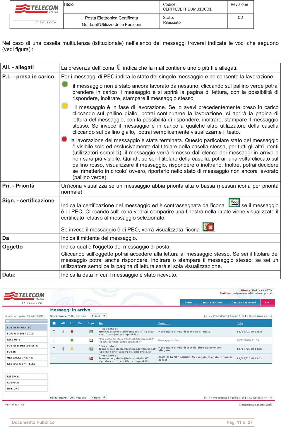 - certificazione Per i messaggi di PEC indica lo stato del singolo messaggio e ne consente la lavorazione: il messaggio non è stato ancora lavorato da nessuno, cliccando sul pallino verde potrai