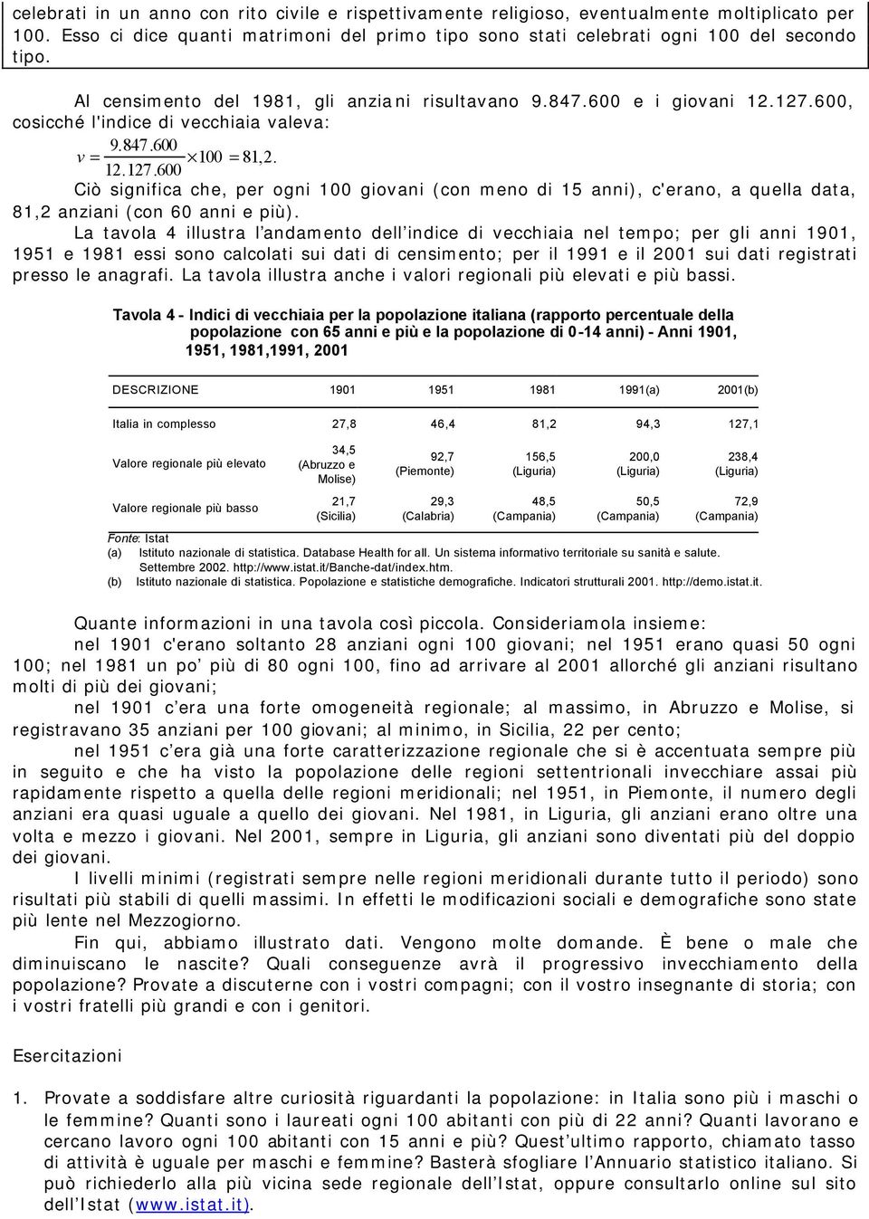 La avola 4 illusra l adameo dell idice di vecchiaia el empo; per gli ai 1901, 1951 e 1981 essi soo calcolai sui dai di cesimeo; per il 1991 e il 2001 sui dai regisrai presso le aagrafi.